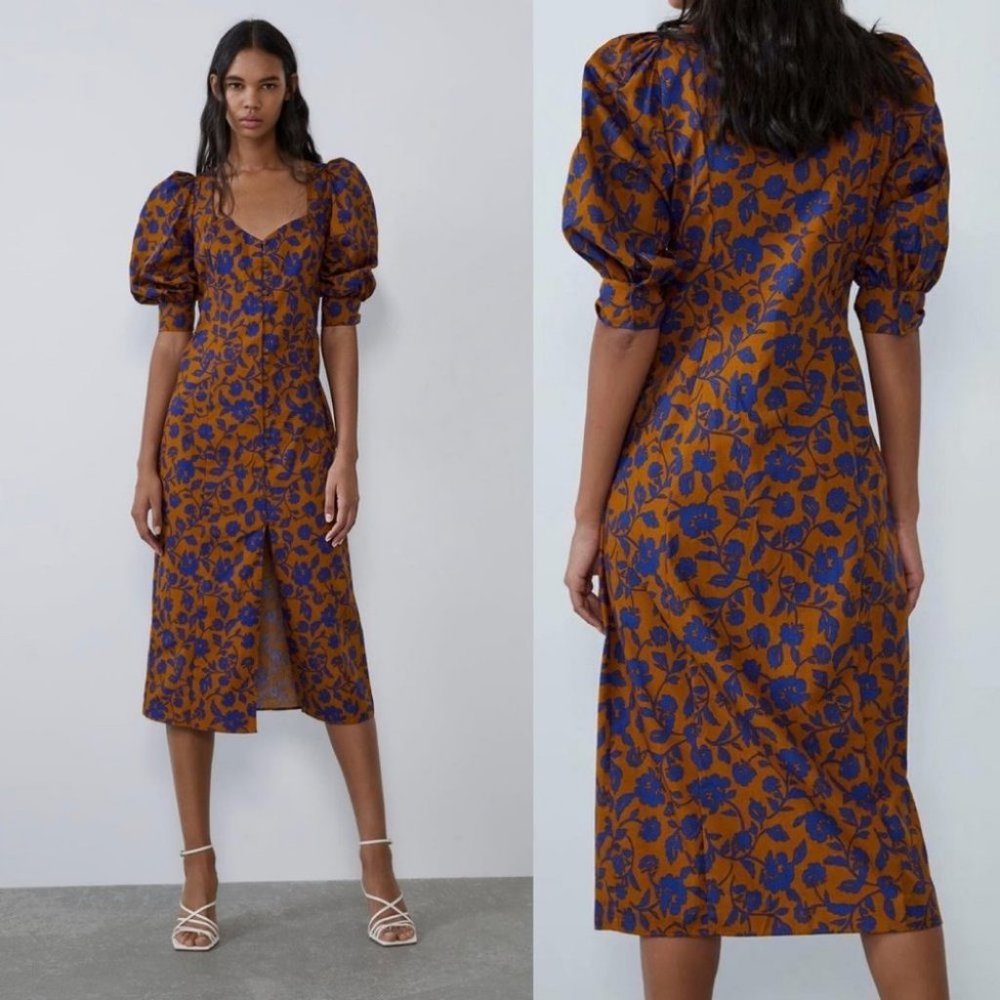Zara Brown Blue Floral Printed Poplin Dress XS Blogger Favorite NEW with tags - Picture 3 of 9